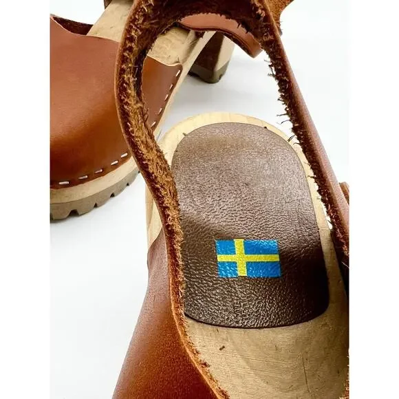Freja Clogs Women Size 6.5 Cinnamon Brown Leather Sweden Wood Rubber Base Mules - Picture 6 of 6